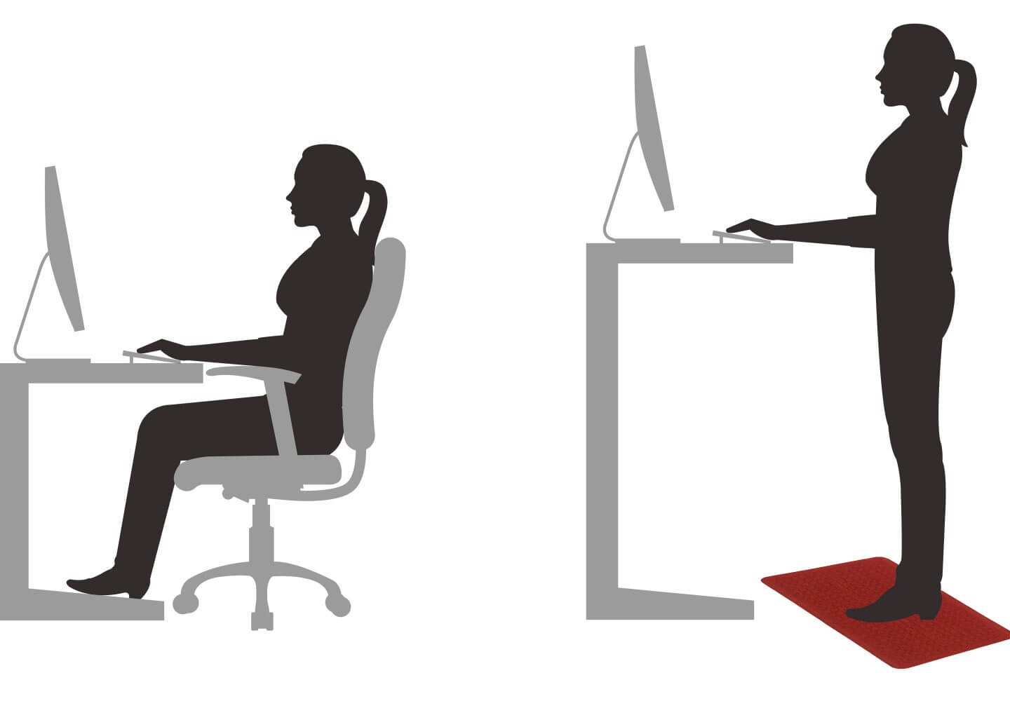 illustration of a woman sitting at a desk and a woman at a standing desk